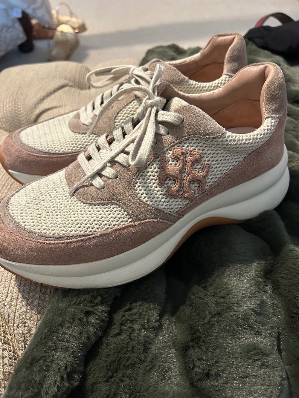 Tory Burch Blush Pink and Cream Suede Mesh Sneakers